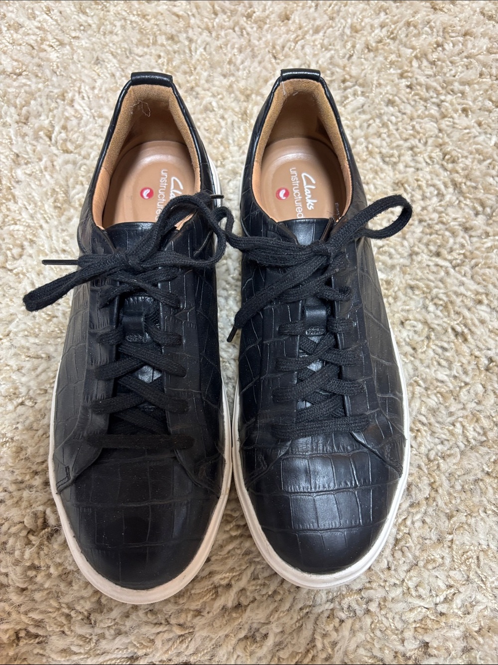 Clarks Black Croc-Embossed Leather Sneakers with White Sole